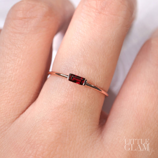 Little Glam Jewelry Delicate Baguette Garnet Ring Garnet