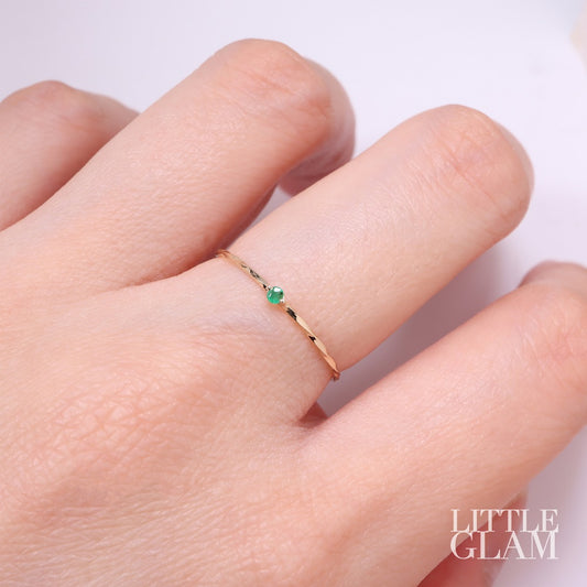 14k Solid Yellow Gold Dainty Solitaire Emerald Twist Ring