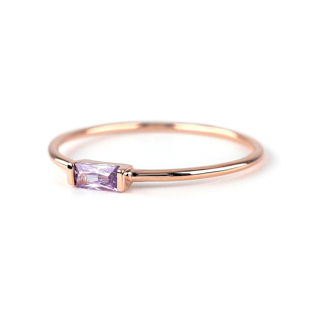 14k Solid Rose Gold Delicate Baguette Amethyst Ring