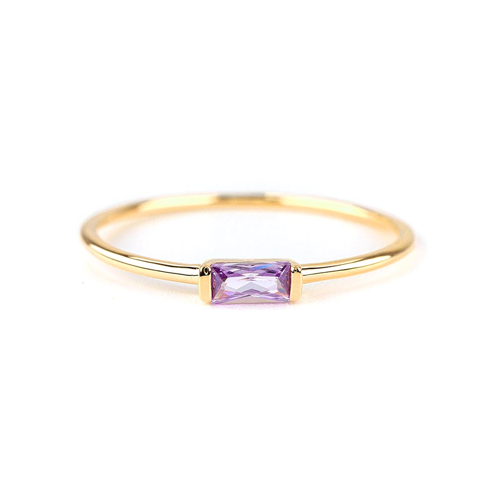 14k Solid Yellow Gold Delicate Baguette Amethyst Ring Amethyst