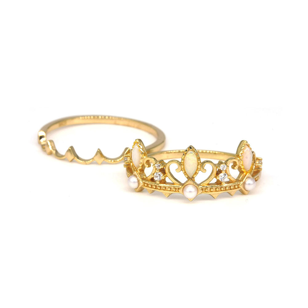 Vintage Crown Opal Ring Set Opal & Pearl & Cubic Zirconia