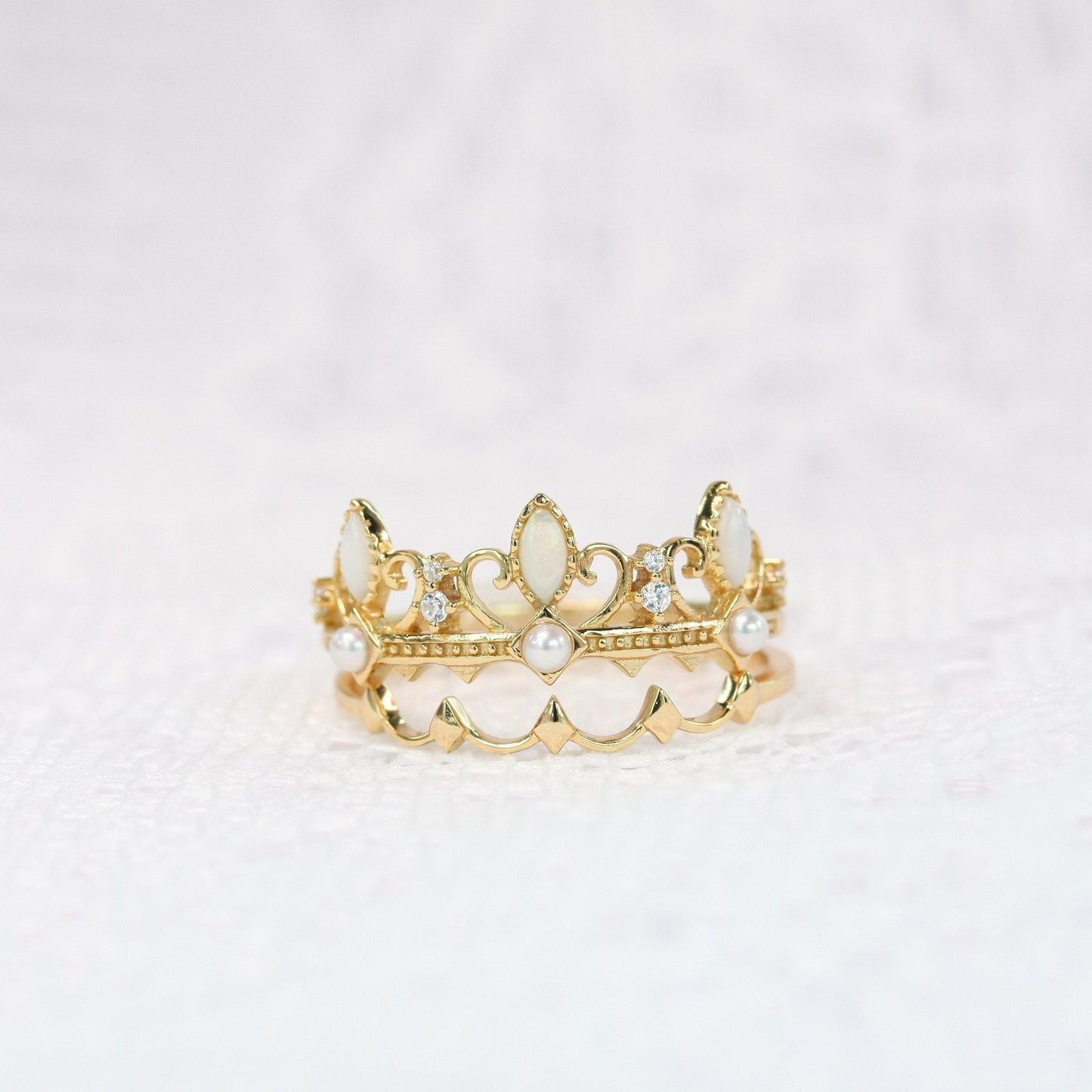 Vintage Crown Opal Ring Set Opal & Pearl & Cubic Zirconia