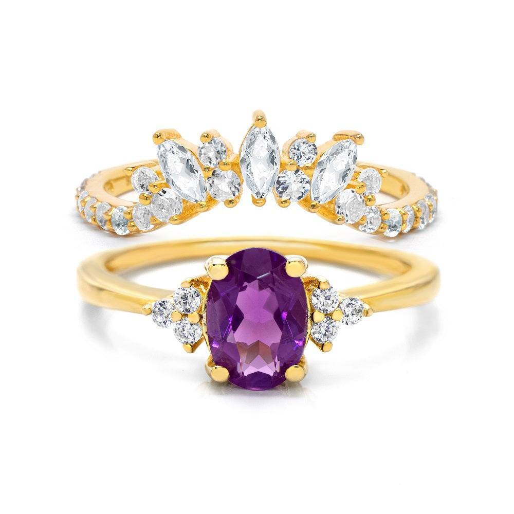 Natural Oval Amethyst & Glowing Glam Ring Set Amethyst & White Topaz